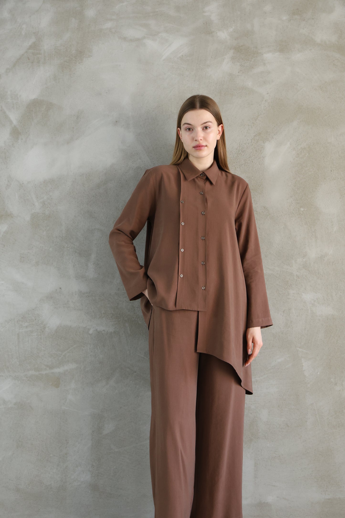 Asymmetric Cut Brown Shirt