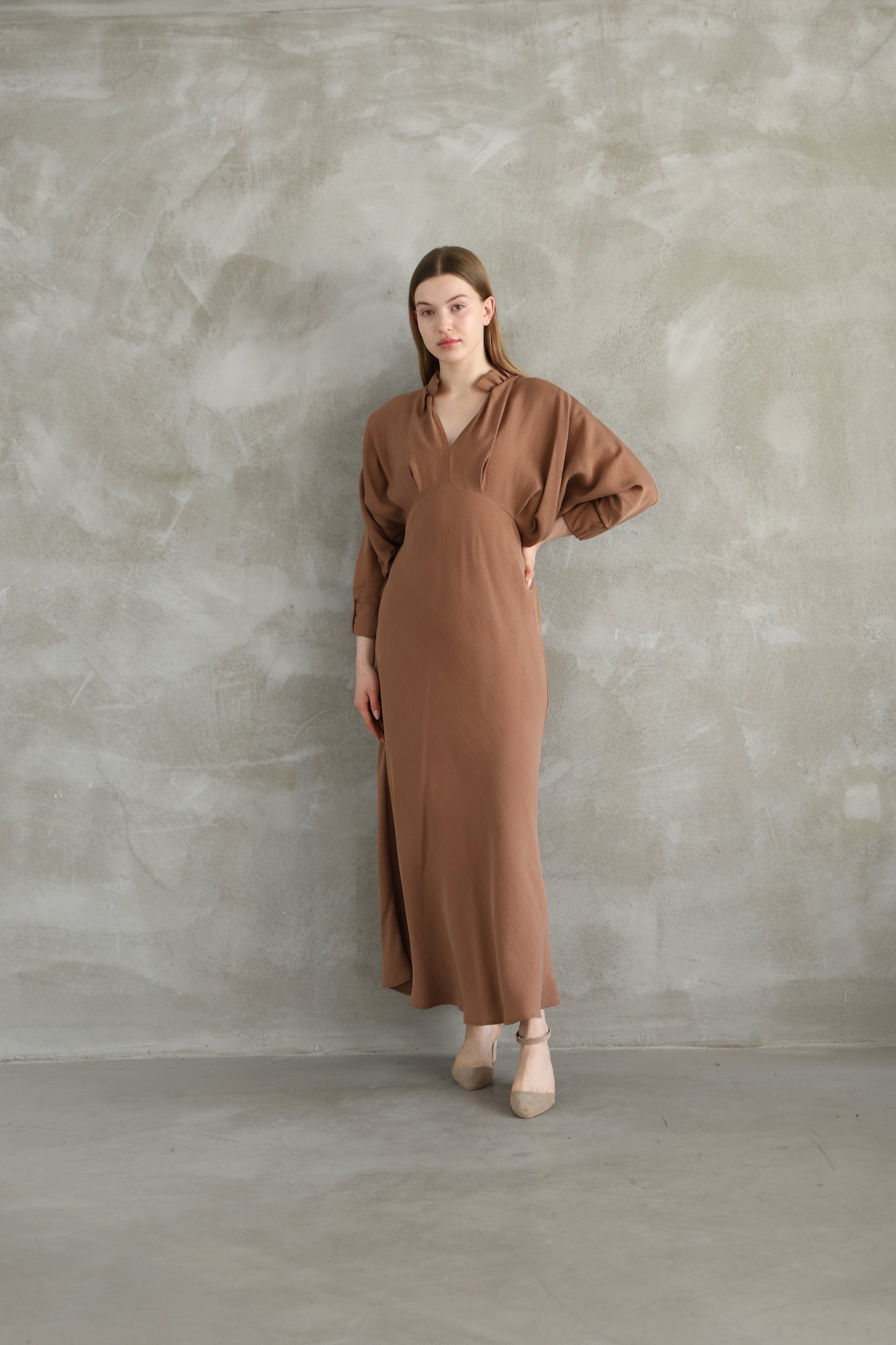 V-neck Brown Dress