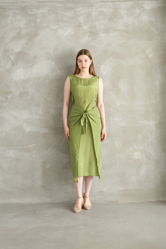 Henna Green Tie Detailed Viscose Midi Dress