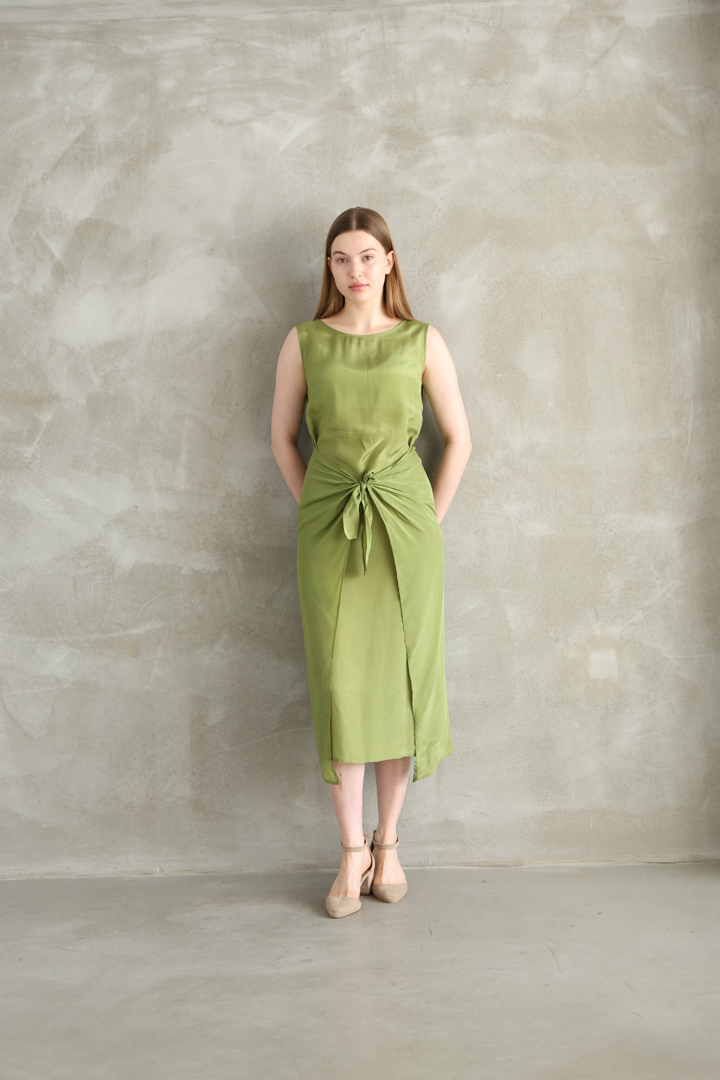 Henna Green Tie Detailed Viscose Midi Dress