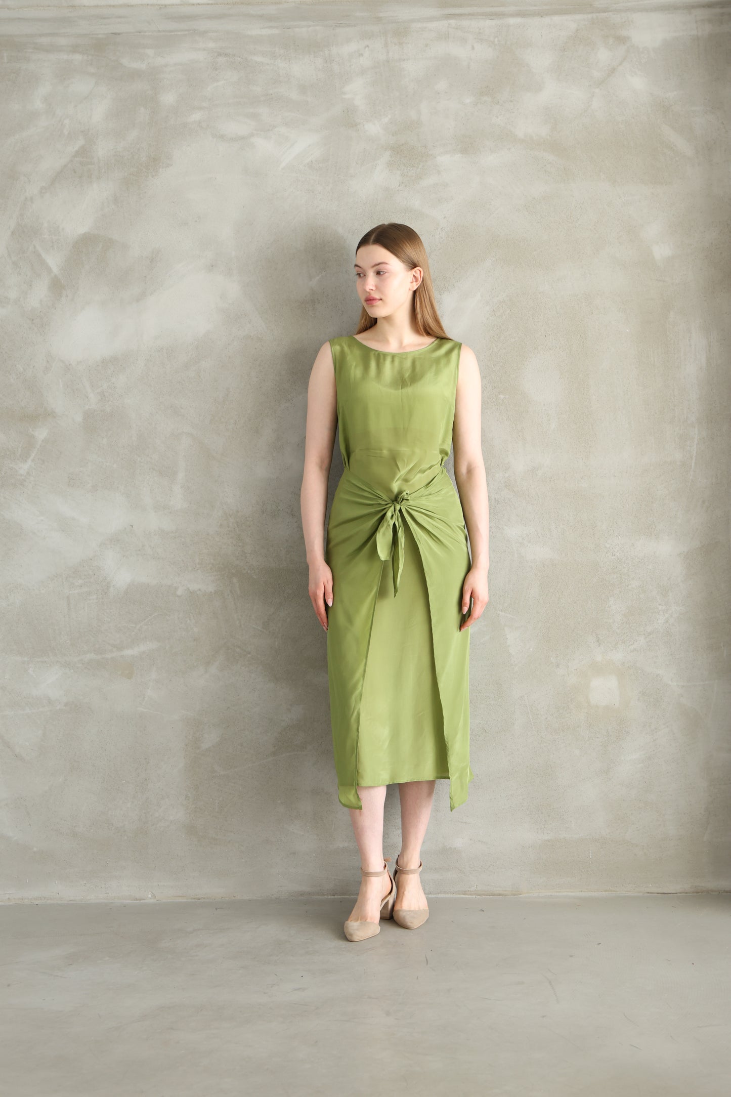 Henna Green Tie Detailed Viscose Midi Dress