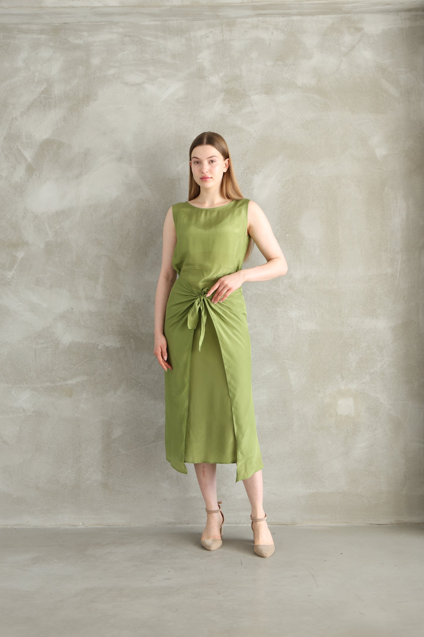 Henna Green Tie Detailed Viscose Midi Dress