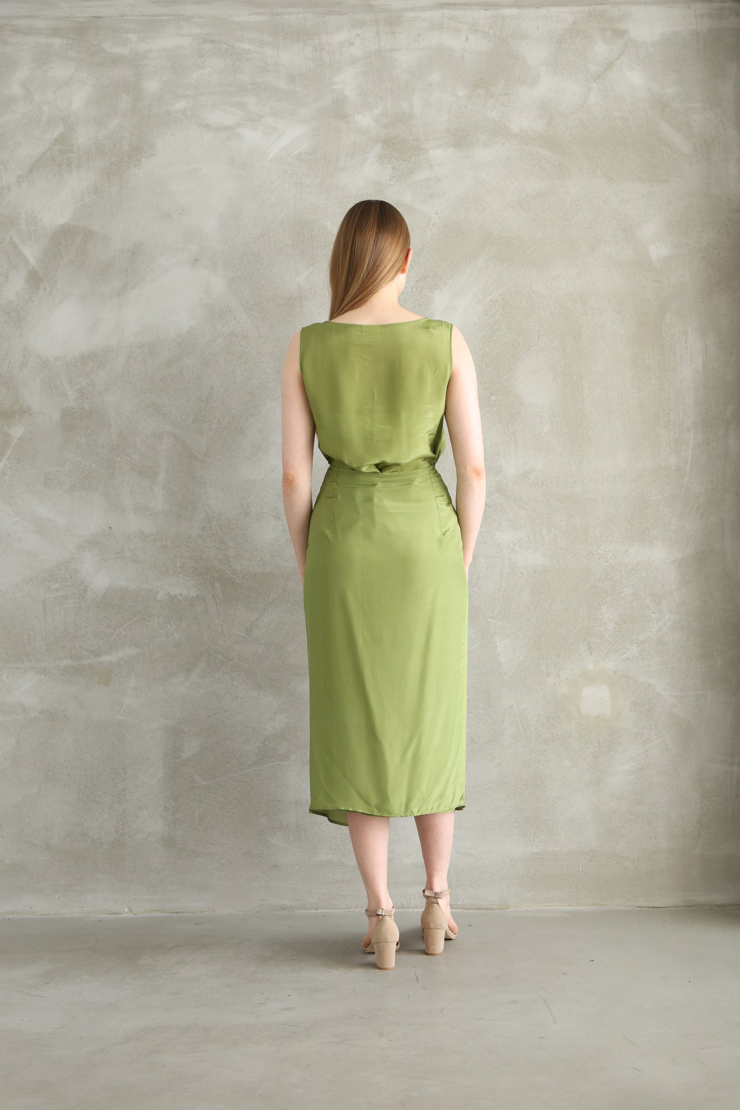 Henna Green Tie Detailed Viscose Midi Dress